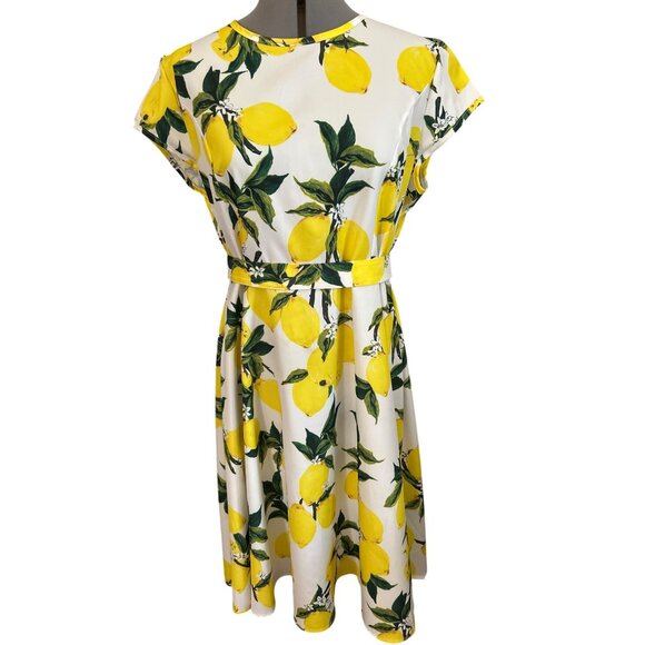 Yellow & White Lemon Print A-Line Midi Dress With Belt XL Summer Vacay - Picture 1 of 9